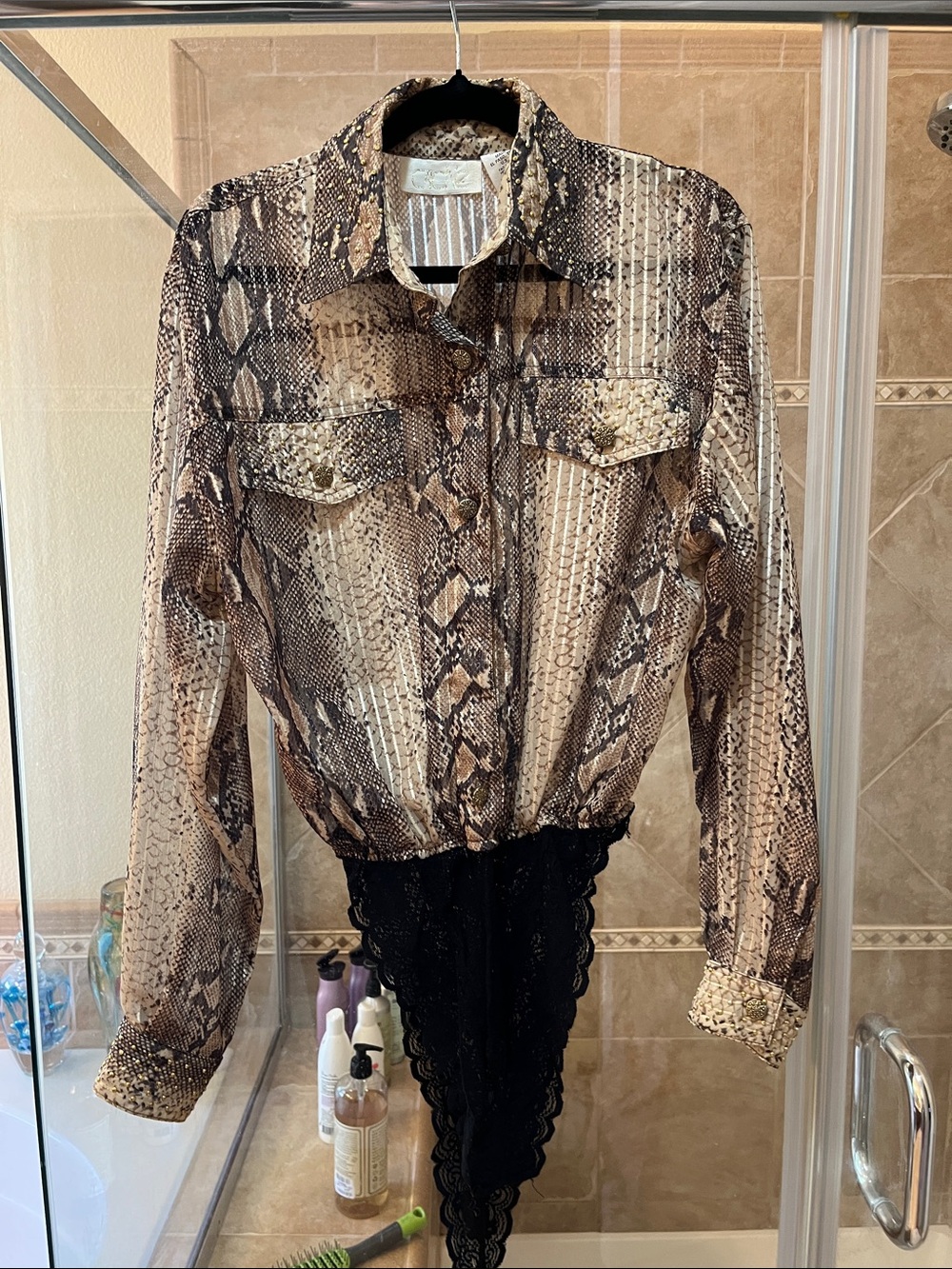 Cache Beige and Tan Snake-Print Blouse